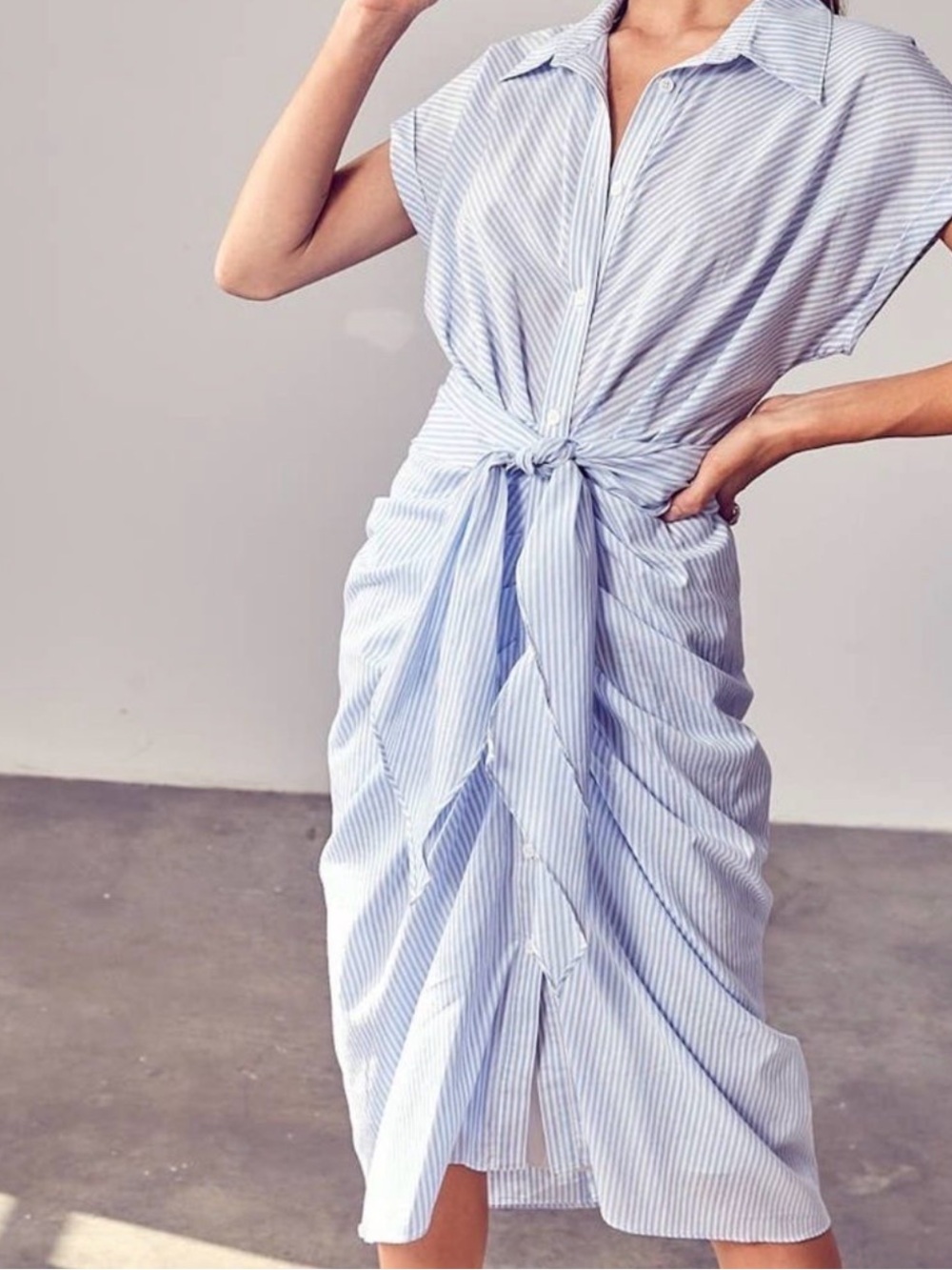 DO+BE Blue White Striped Tie Front Shirt Dress Midi Coastal Preppy M